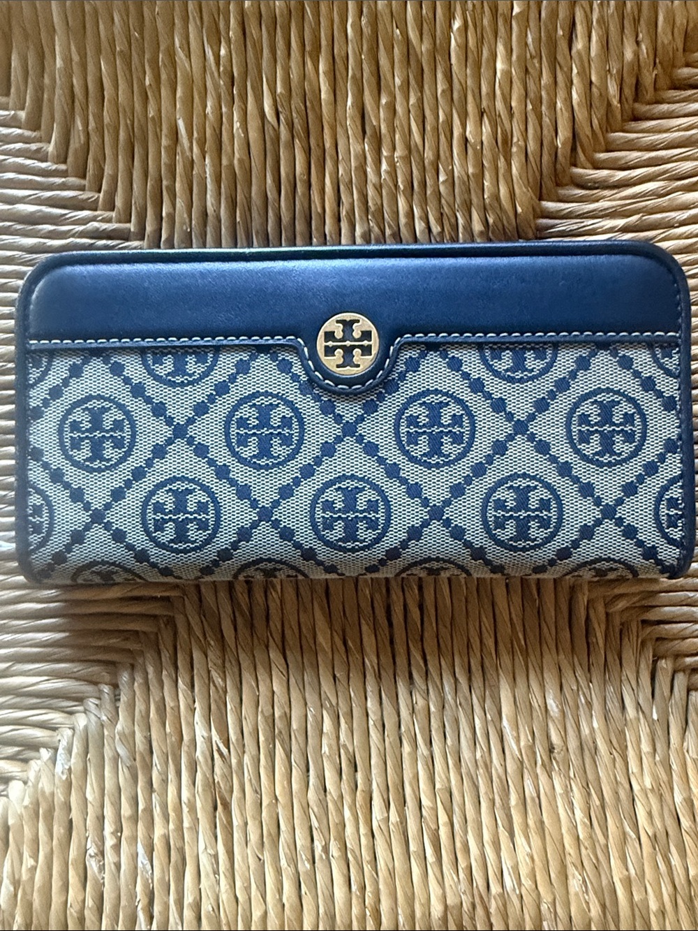 Tory Burch Navy and Cream Monogram Zip Wallet